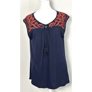 W5 Women's Top Navy with Rust Vine Pattern Pullover Summer Casual Top Size (M)